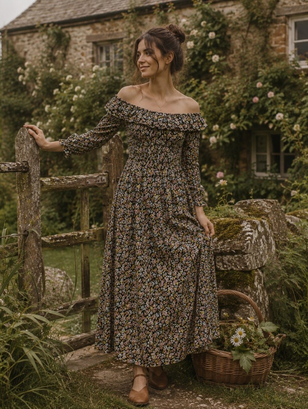 Dôen Rosenda Ruffled Shirred Floral Print Voile Midi Dress Boho Women's XS NWT